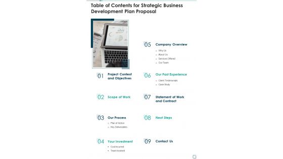 Table Of Contents For Strategic Business Development Plan Proposal One Pager Sample Example Document Table Of Contents For Strategic Business Development Plan Proposal One Pager Sample Example Document