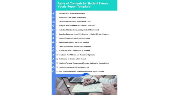 Table Of Contents For Student Events Yearly Report Template One Pager Documents