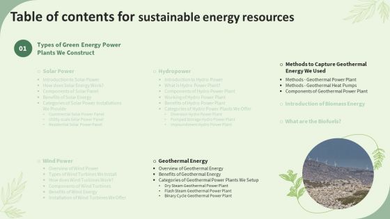 Table Of Contents For Sustainable Energy Resources Ppt Icon Themes PDF