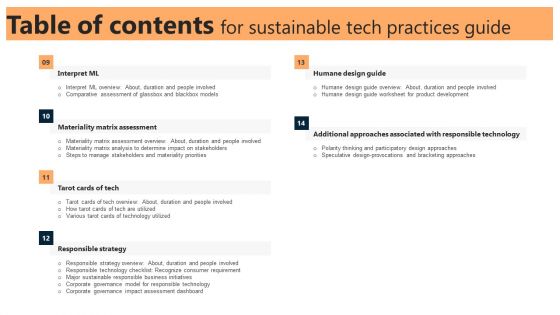 Table Of Contents For Sustainable Tech Practices Guide Ppt Slides Portrait PDF