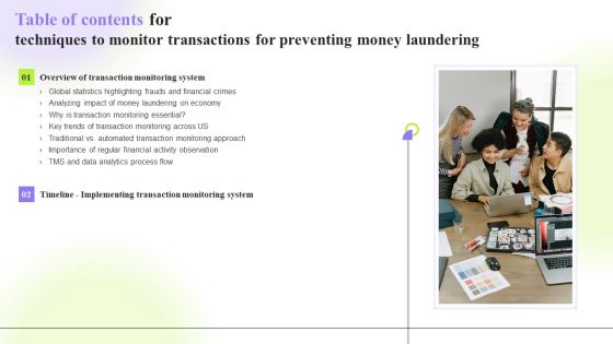Table Of Contents For Techniques To Monitor Transactions For Preventing Money Laundering Introduction PDF