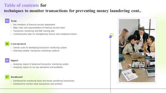 Table Of Contents For Techniques To Monitor Transactions For Preventing Money Laundering Introduction PDF