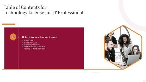 Table Of Contents For Technology License For IT Professional Slide Information PDF