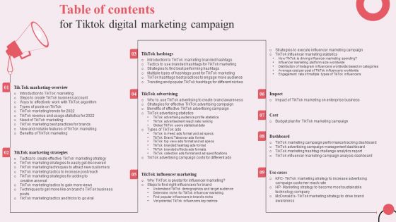 Table Of Contents For Tiktok Digital Marketing Campaign Infographics PDF Table Of Contents For Tiktok Digital Marketing Campaign Infographics PDF