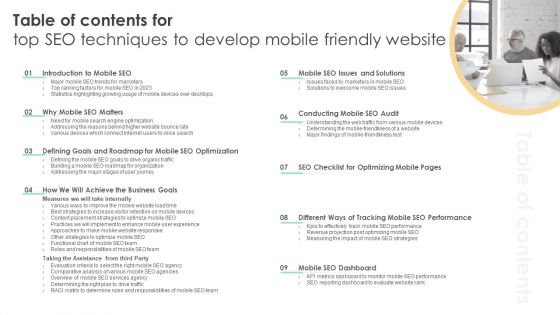 Table Of Contents For Top SEO Techniques To Develop Mobile Friendly Website Pictures PDF