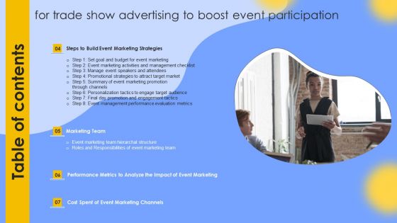 Table Of Contents For Trade Show Advertising To Boost Event Participation Icons PDF