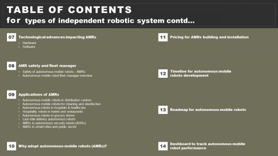 Table Of Contents For Types Of Independent Robotic System Diagrams PDF