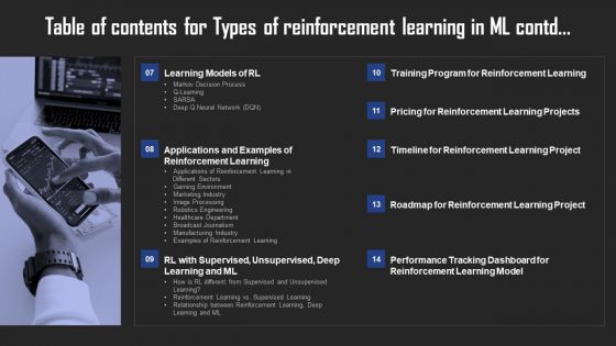 Table Of Contents For Types Of Reinforcement Learning In ML Background PDF