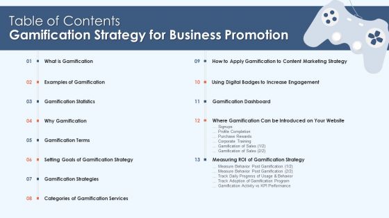 Table Of Contents Gamification Strategy For Business Promotion Background PDF Table Of Contents Gamification Strategy For Business Promotion Background PDF