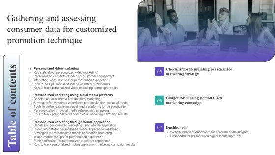 Table Of Contents Gathering And Assessing Consumer Data For Customized Promotion Technique Portrait PDF