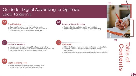 Table Of Contents Guide For Digital Advertising To Optimize Lead Targeting Infographics PDF