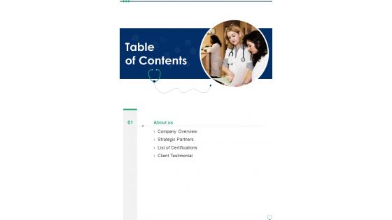 Table Of Contents Health And Medication Proposal One Pager Sample Example Document Table Of Contents Health And Medication Proposal One Pager Sample Example Document