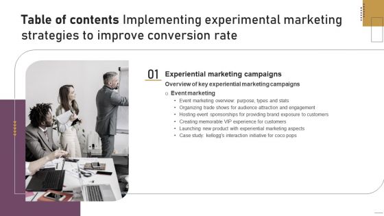 Table Of Contents Implementing Experimental Marketing Strategies To Improve Conversion Rate Slide Themes PDF Table Of Contents Implementing Experimental Marketing Strategies To Improve Conversion Rate Slide Themes PDF