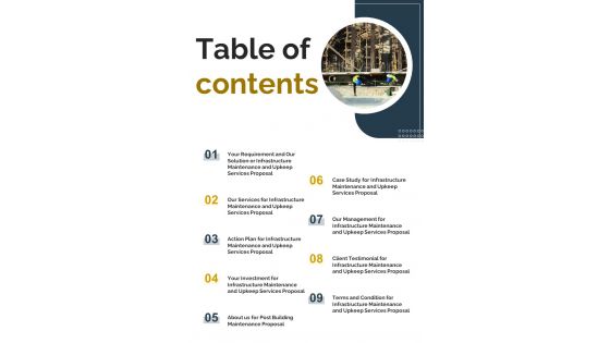 Table Of Contents Infrastructure Maintenance Upkeep Services Proposal One Pager Sample Example Document