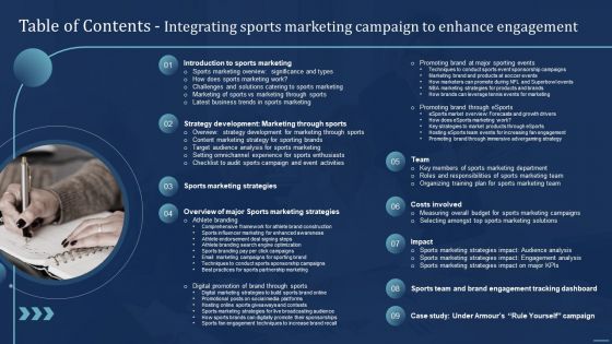 Table Of Contents Integrating Sports Marketing Campaign To Enhance Engagement Template PDF