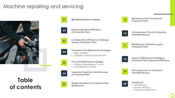 Table Of Contents Machine Repairing And Servicing Ppt Portfolio Infographics PDF