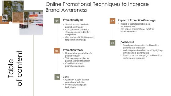 Table Of Contents Online Promotional Techniques To Increase Brand Awareness Template PDF