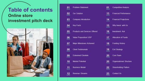 Table Of Contents Online Store Investment Pitch Deck Designs PDF Table Of Contents Online Store Investment Pitch Deck Designs PDF