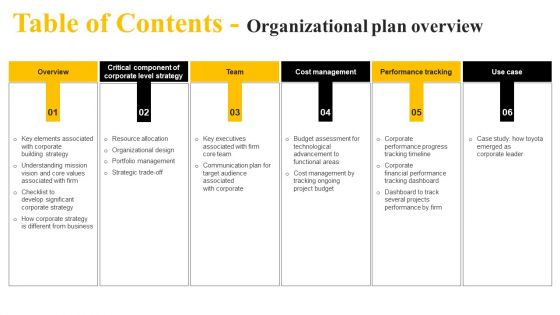Table Of Contents Organizational Plan Overview Designs PDF
