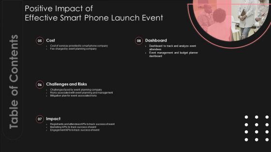 Table Of Contents Positive Impact Of Effective Smart Phone Launch Event Infographics PDF