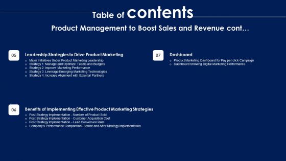 Table Of Contents Product Management To Boost Sales And Revenue Ppt PowerPoint Presentation File Infographics PDF