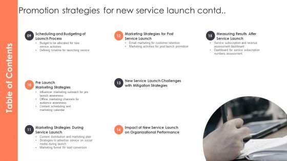 Table Of Contents Promotion Strategies For New Service Launch Brochure PDF