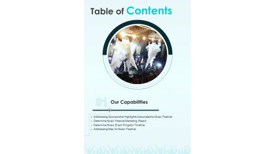 Table Of Contents Proposal For Music Festival Investment One Pager Sample Example Document