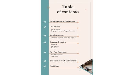 Table Of Contents Proposal For Staff Apprenticeship Program One Pager Sample Example Document