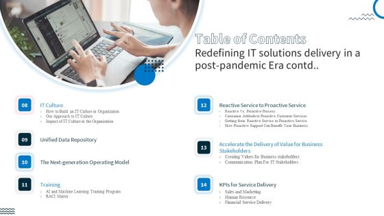 Table Of Contents Redefining IT Solutions Delivery In A Post Pandemic Era Topics PDF
