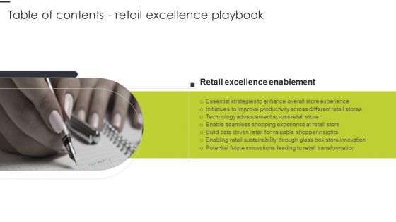 Table Of Contents Retail Excellence Playbook Slide Infographics PDF