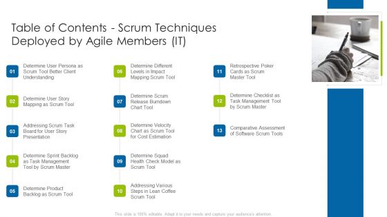 Table Of Contents Scrum Techniques Deployed By Agile Members It Inspiration PDF