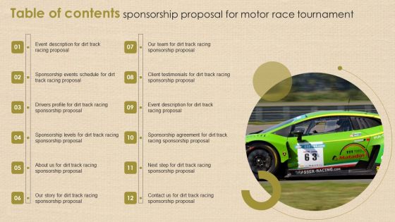 Table Of Contents Sponsorship Proposal For Motor Race Tournament Designs PDF Table Of Contents Sponsorship Proposal For Motor Race Tournament Designs PDF