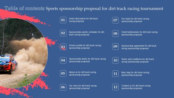 Table Of Contents Sports Sponsorship Proposal For Dirt Track Racing Tournament Slides PDF Table Of Contents Sports Sponsorship Proposal For Dirt Track Racing Tournament Slides PDF