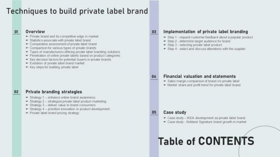 Table Of Contents Techniques To Build Private Label Brand Infographics PDF