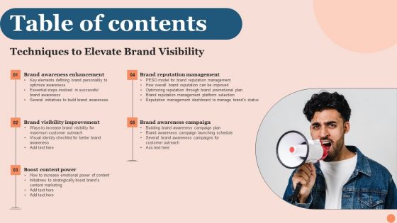 Table Of Contents Techniques To Elevate Brand Visibility Inspiration PDF