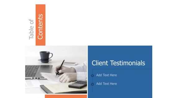Table Of Contents Testimonials Ppt Powerpoint Presentation Styles Graphics Example