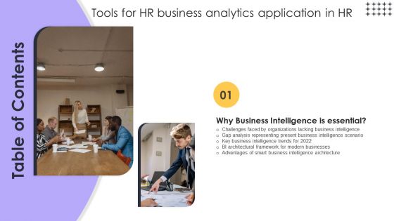 Table Of Contents Tools For HR Business Analytics Application In HR Ppt Styles Inspiration PDF