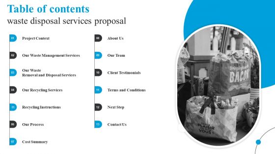 Table Of Contents Waste Disposal Services Proposal Ppt Styles Layout PDF