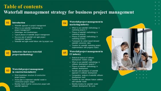 Table Of Contents Waterfall Management Strategy For Business Project Management Ppt Professional Ideas PDF