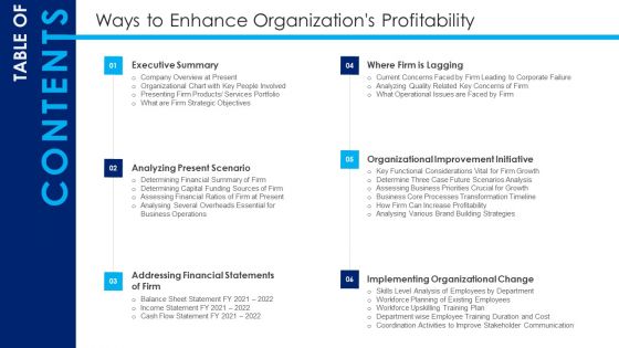 Table Of Contents Ways To Enhance Organizations Profitability Tips Ideas PDF