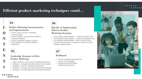 Tables Of Content Efficient Product Marketing Techniques Summary PDF