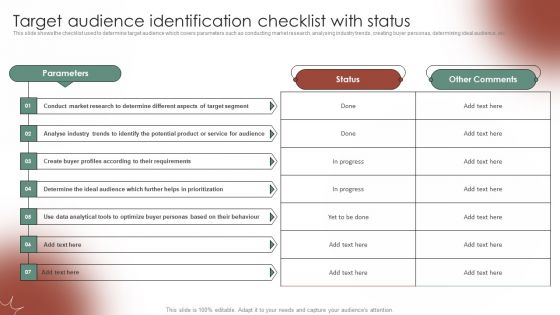 Tactical Communication Plan Target Audience Identification Checklist With Status Topics PDF