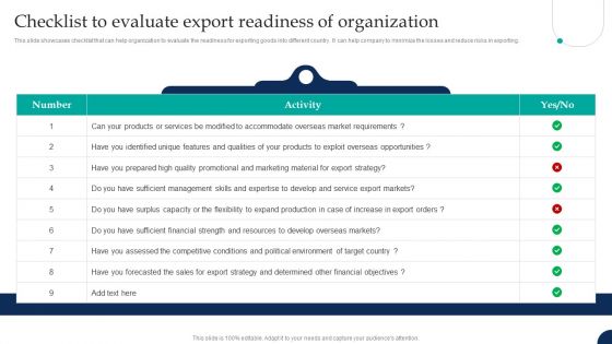 Tactical Export Guide Checklist To Evaluate Export Readiness Of Organization Sample PDF