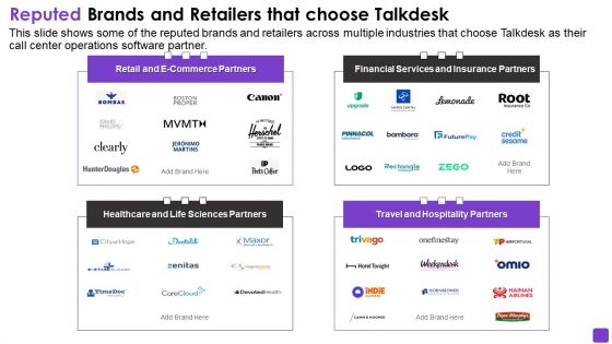 Talkdesk Investor Financing Business Reputed Brands And Retailers That Choose Talkdesk Download PDF