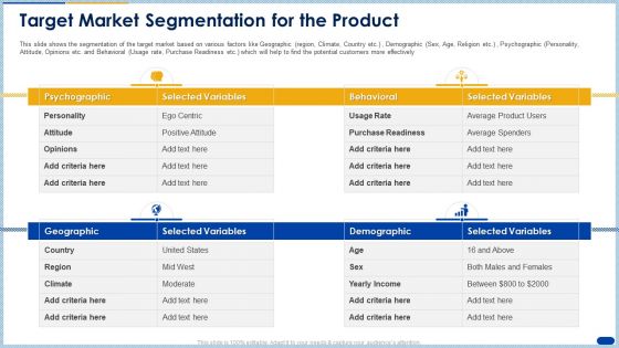 Target Market Segmentation For The Product Ppt Styles Shapes PDF