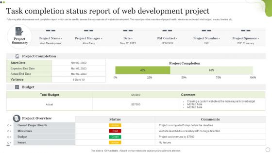 Task Completion Status Report Of Web Development Project Sample PDF Task Completion Status Report Of Web Development Project Sample PDF