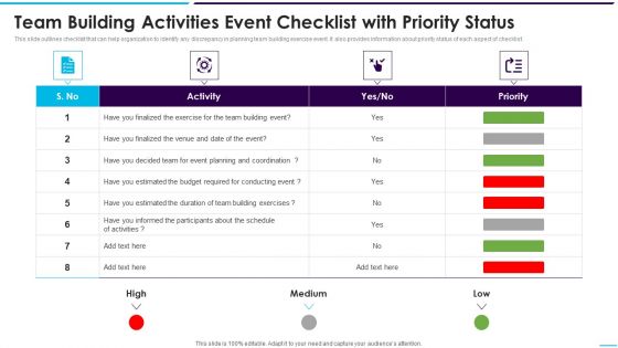 Team Building Activities Event Checklist With Priority Status Slides PDF