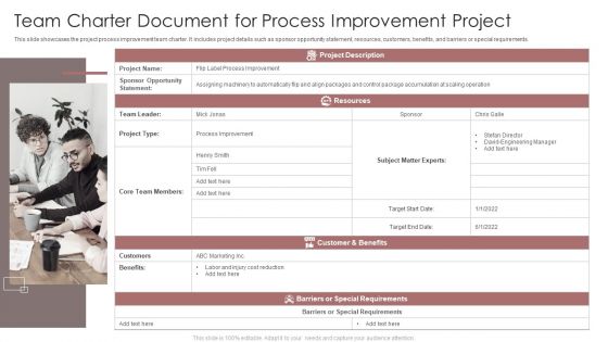 Team Charter Document For Process Improvement Project Ppt Professional Slides PDF