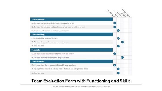 Team Evaluation Form With Functioning And Skills Ppt PowerPoint Presentation Summary Slides PDF