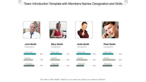 Team Introduction Template With Members Names Designation And Skills Ppt PowerPoint Presentation Infographic Template Clipart